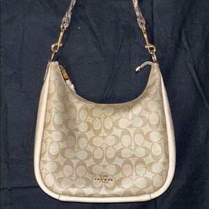 Coach Beige Signature Jacquard Shoulder Bag with Gold Hardware